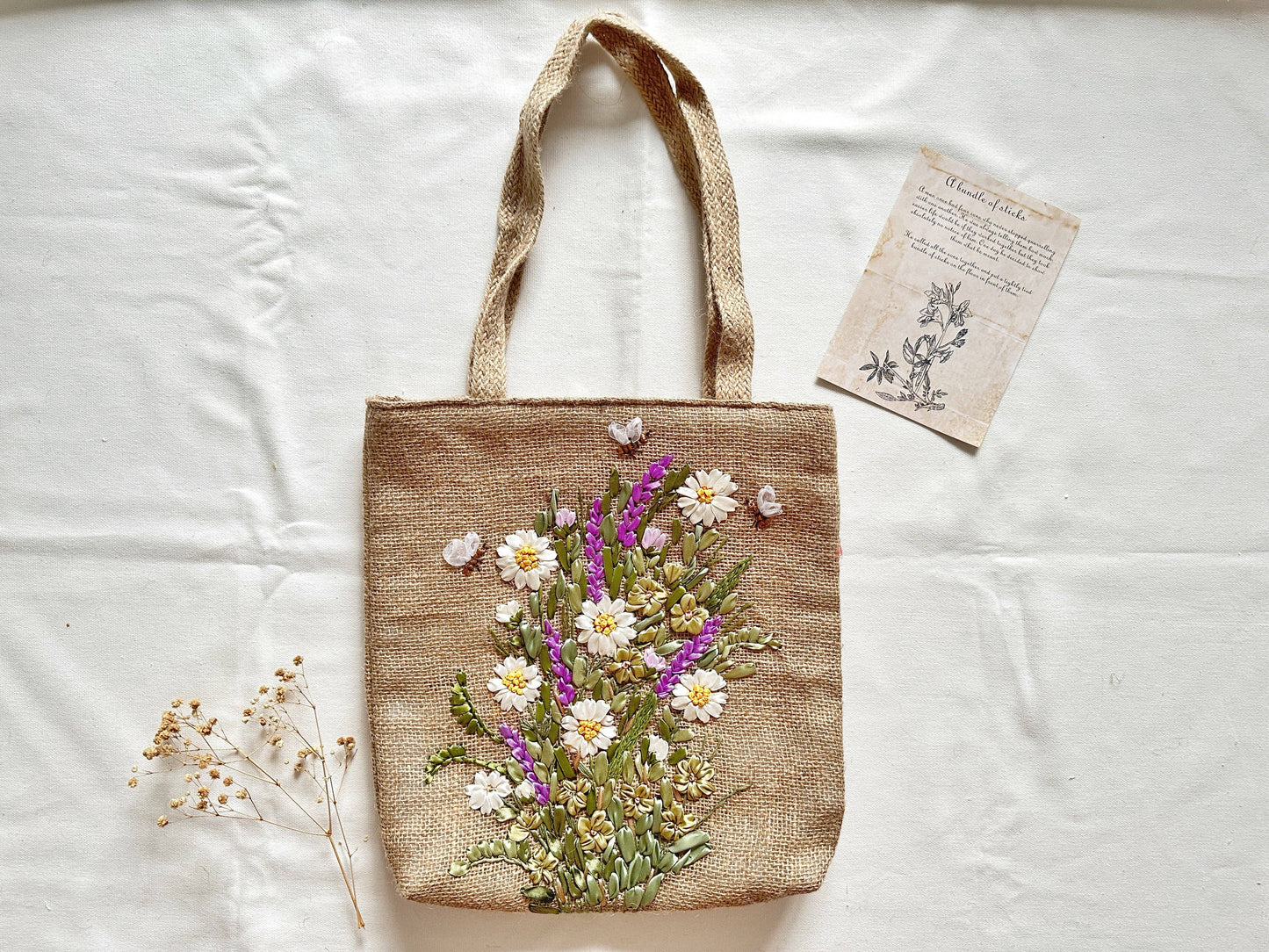 Ribbon Embroidered Flower Garden Jute Tote Bag