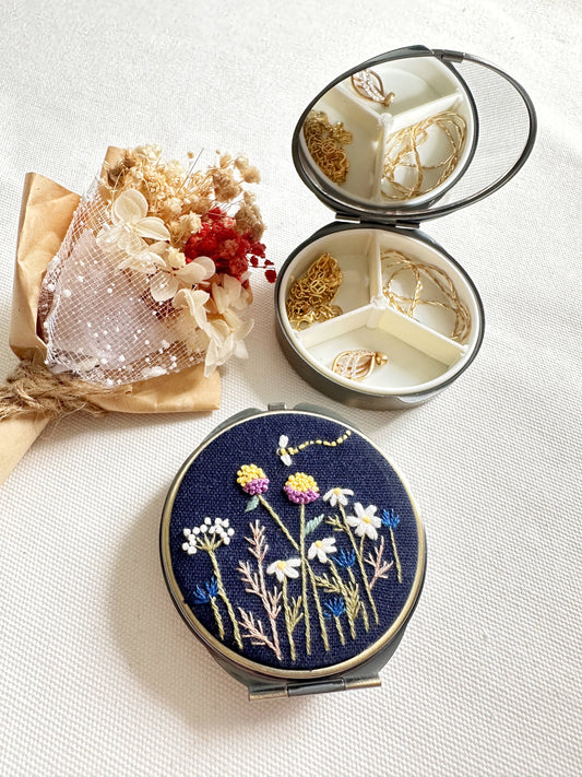Floral Embroidered Round Jewelry Box With Mirror