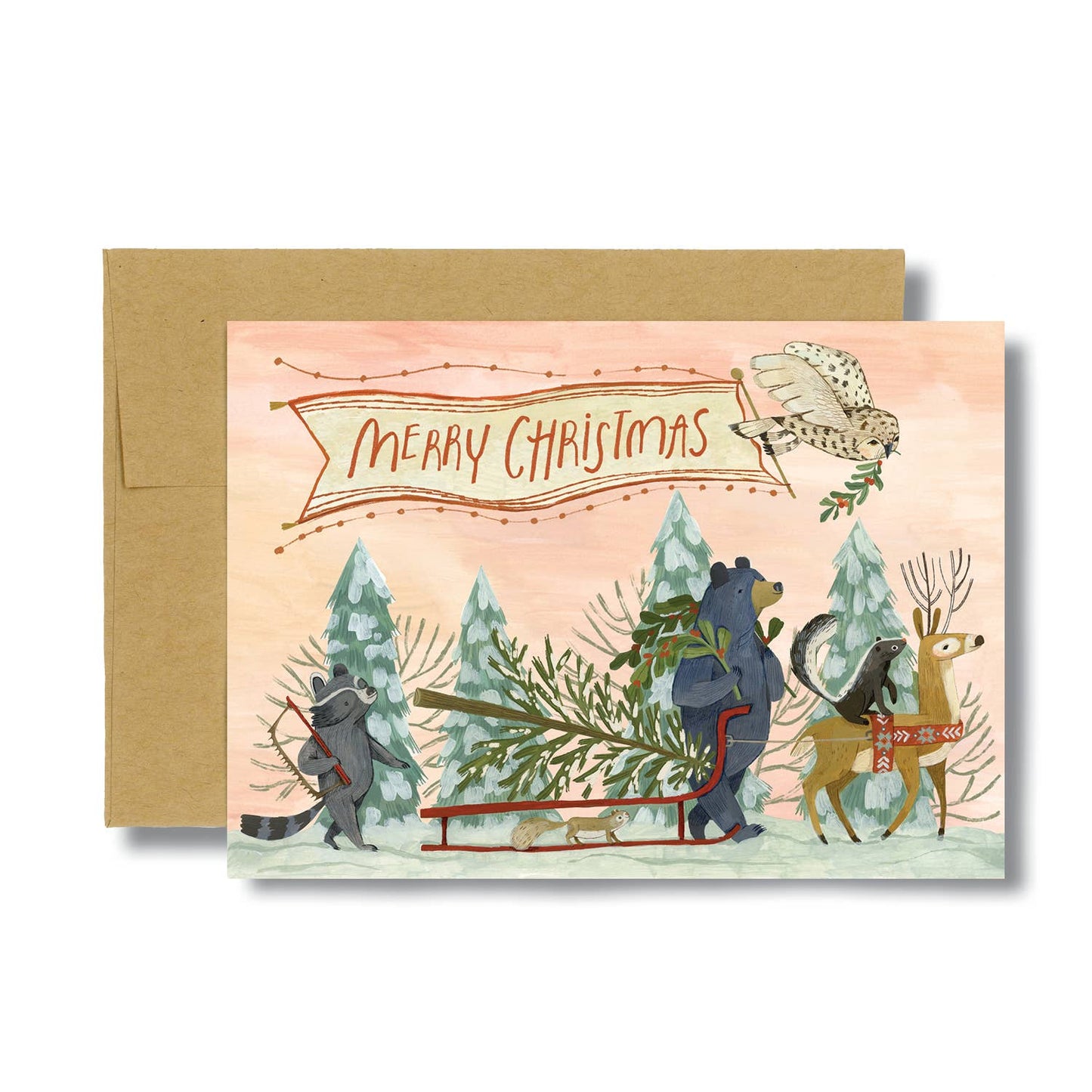 Tarjeta navideña de corte de árbol