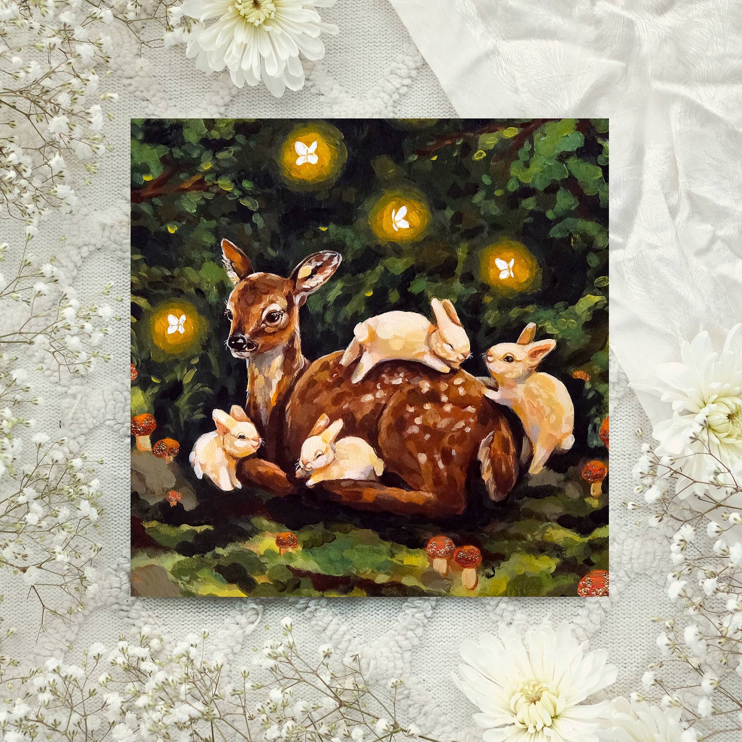 Deer, Rabbits Art Print | 8x8'' | Cute Woodland Animals Art
