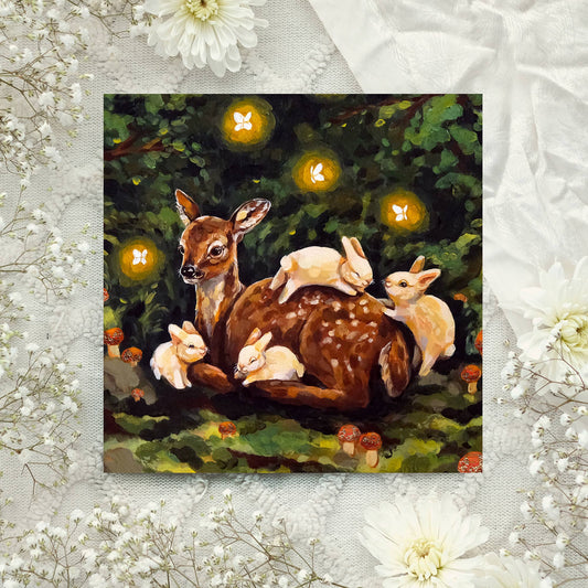 Deer, Rabbits Art Print | 8x8'' | Cute Woodland Animals Art