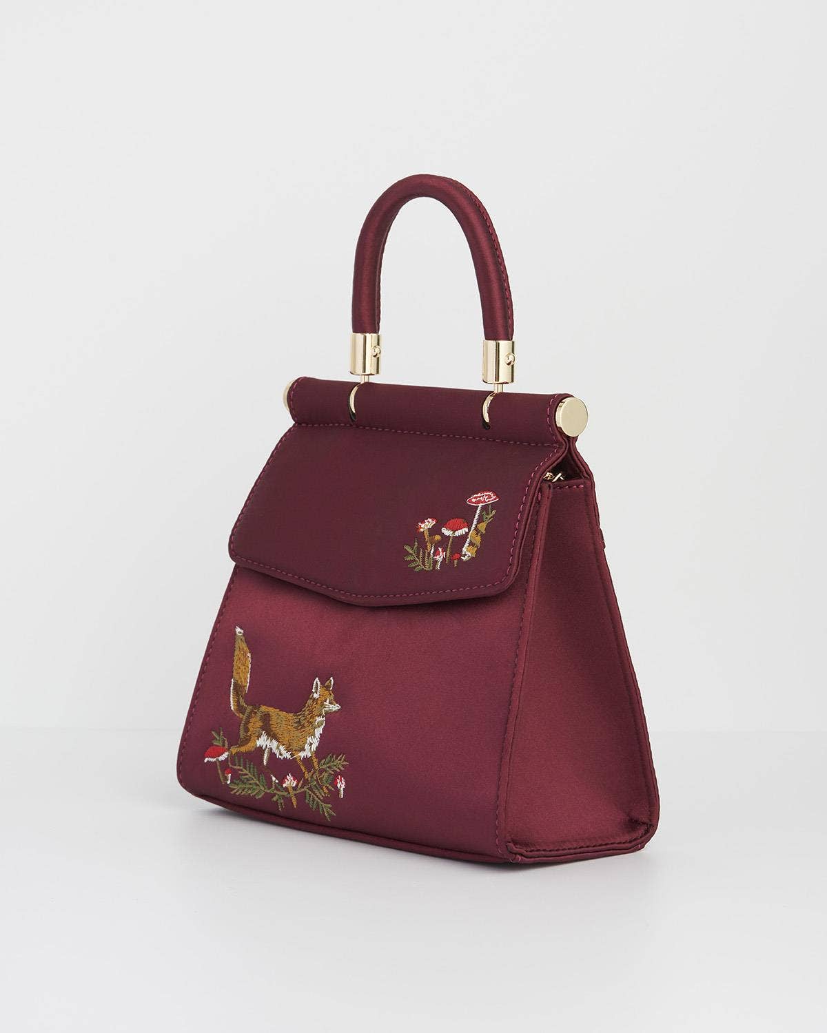 Bolso de satén bordado con zorro y hongo (burdeos)