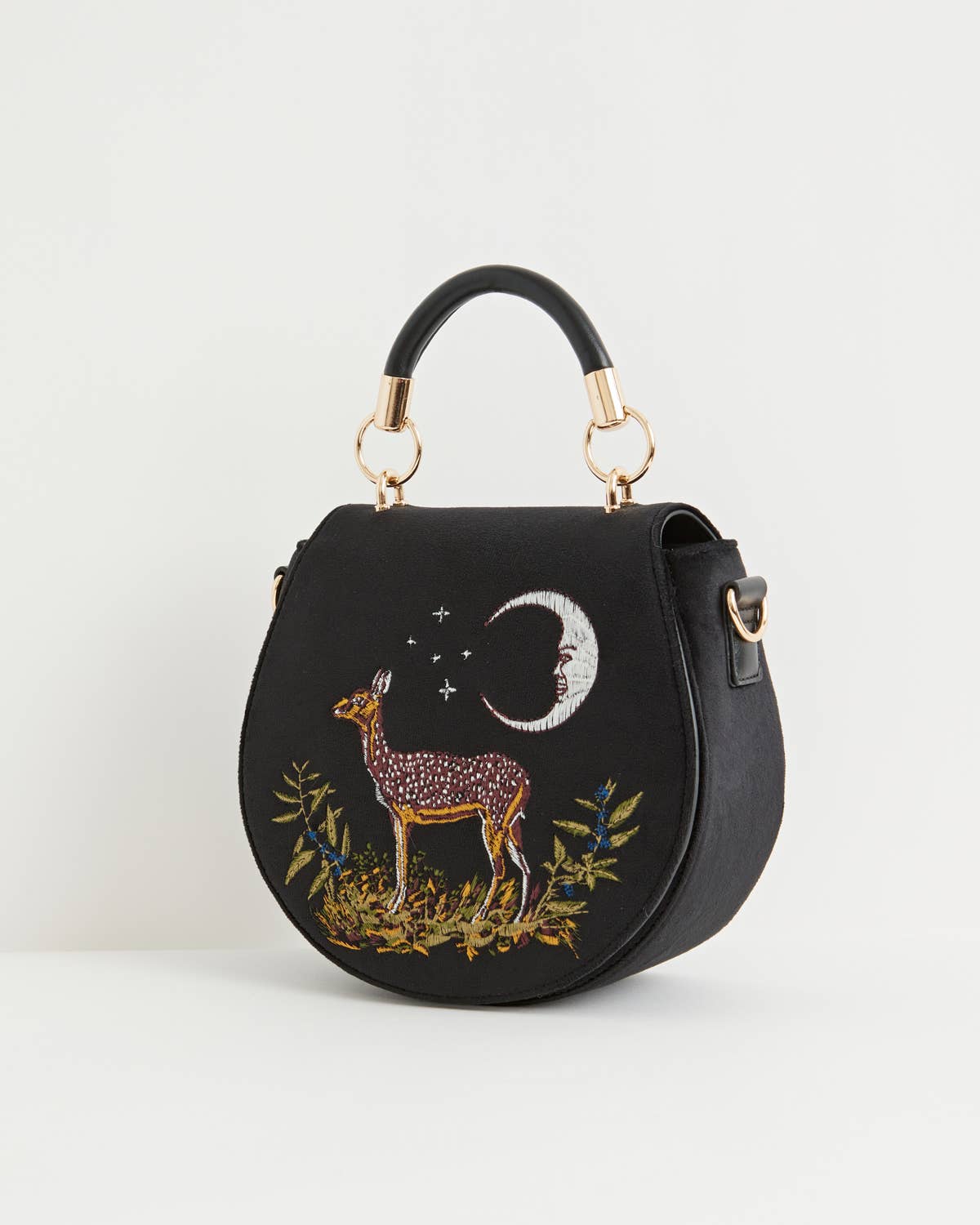 Monedero de terciopelo con bordado de ciervo y luna (negro)