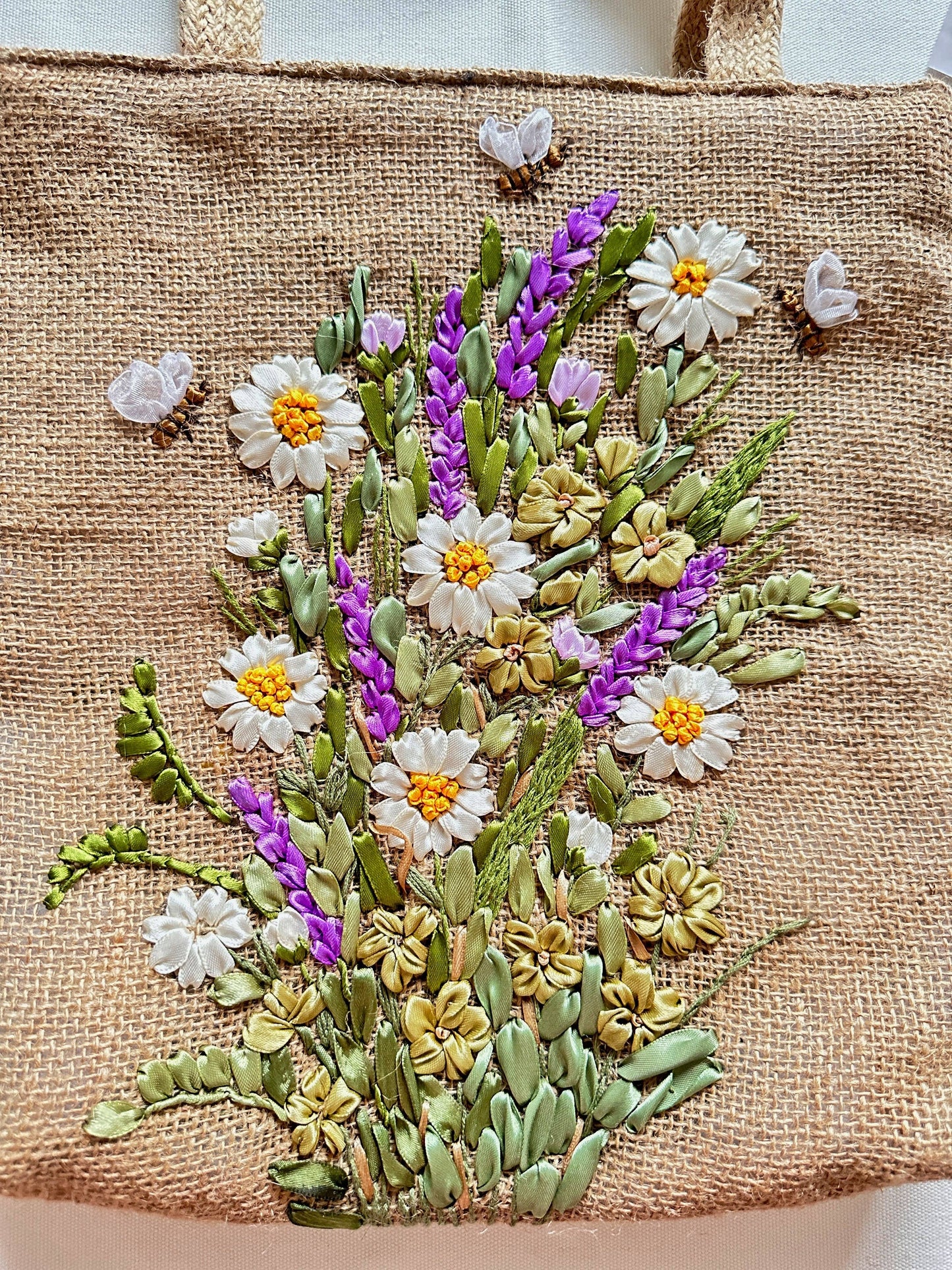 Ribbon Embroidered Flower Garden Jute Tote Bag