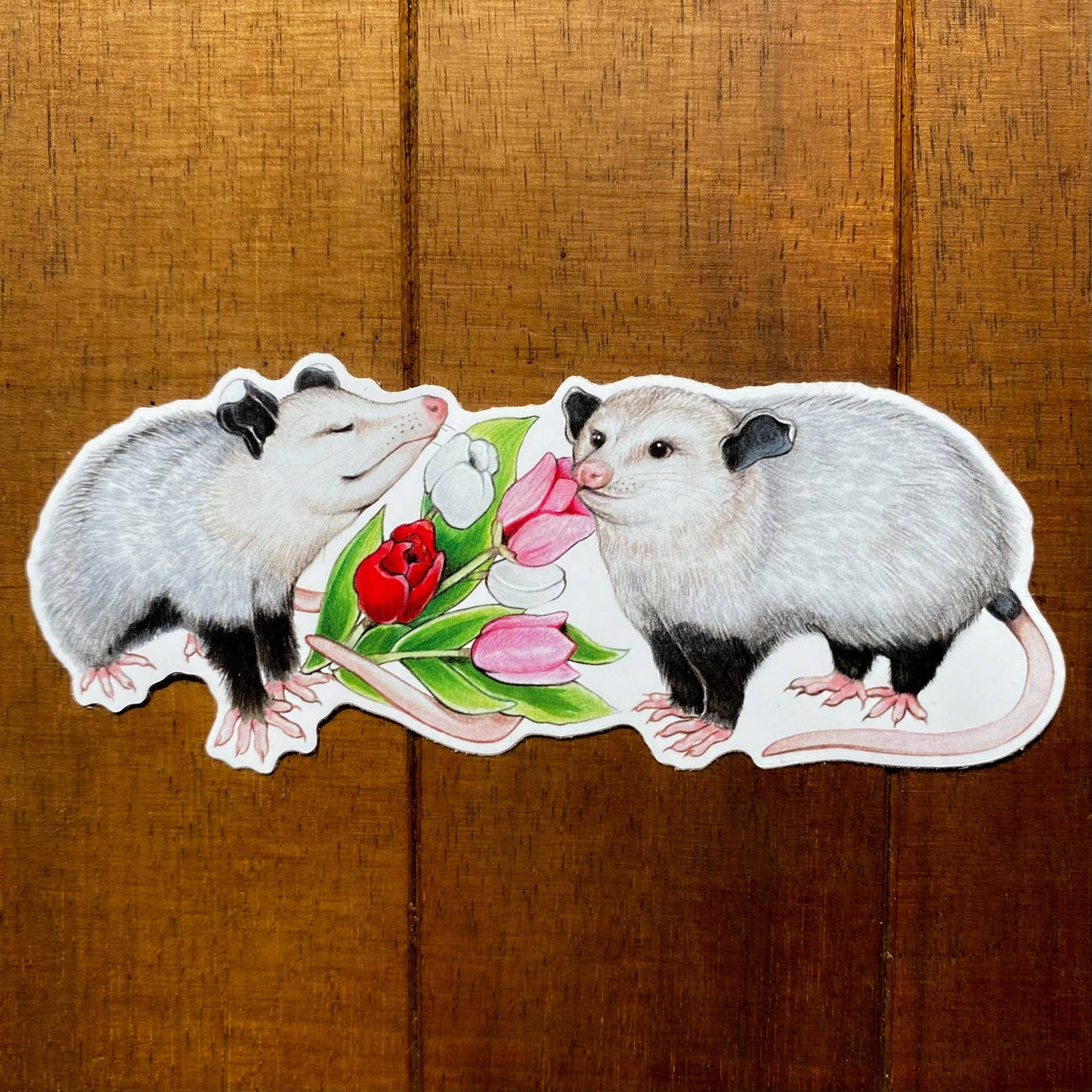 Opossums with Tulip Bouquet Large Weatherproof Vinyl Sticker