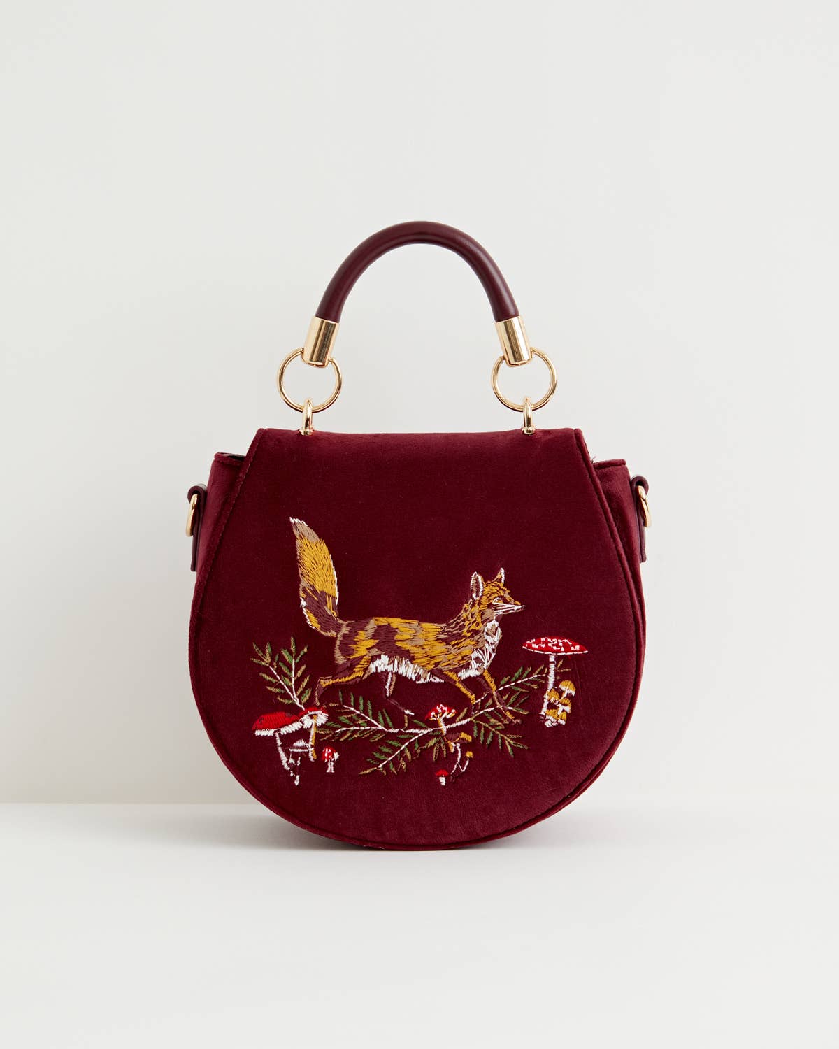 Bolso de sillín de terciopelo burdeos con bordado de zorro y hongo