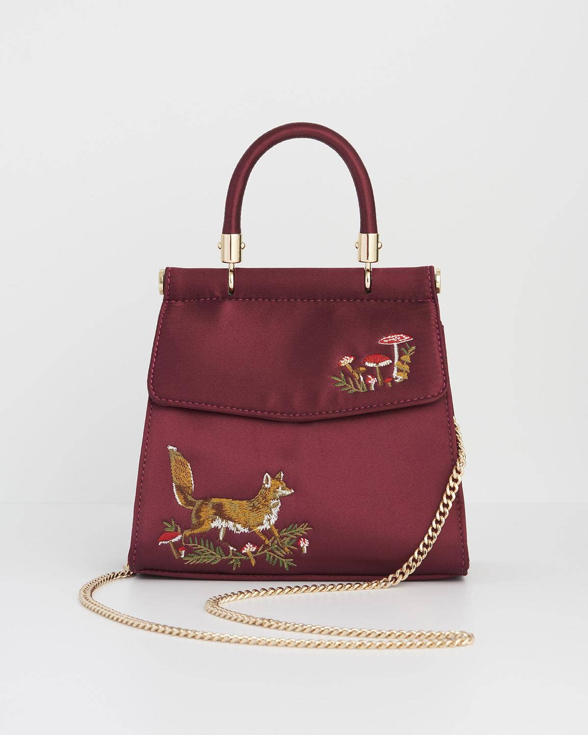 Bolso de satén bordado con zorro y hongo (burdeos)