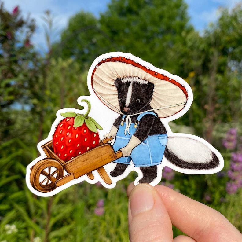 Strawberry Skunk with Wheelbarrow Weatherproof Vinyl Sticker