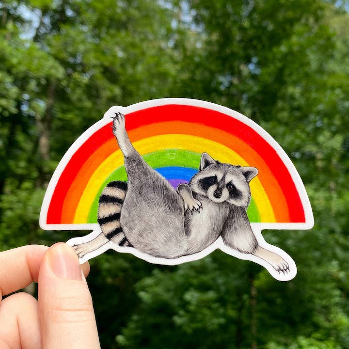 Rainbow Lounging Raccoon Pride Weatherproof Vinyl Sticker