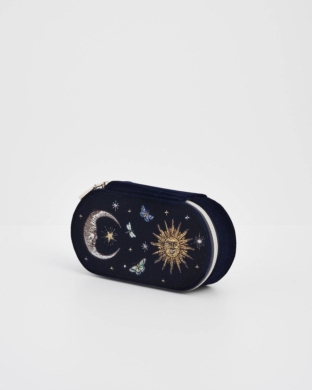 Night Sky Embroidered Oval Jewelry Box in Navy Velvet
