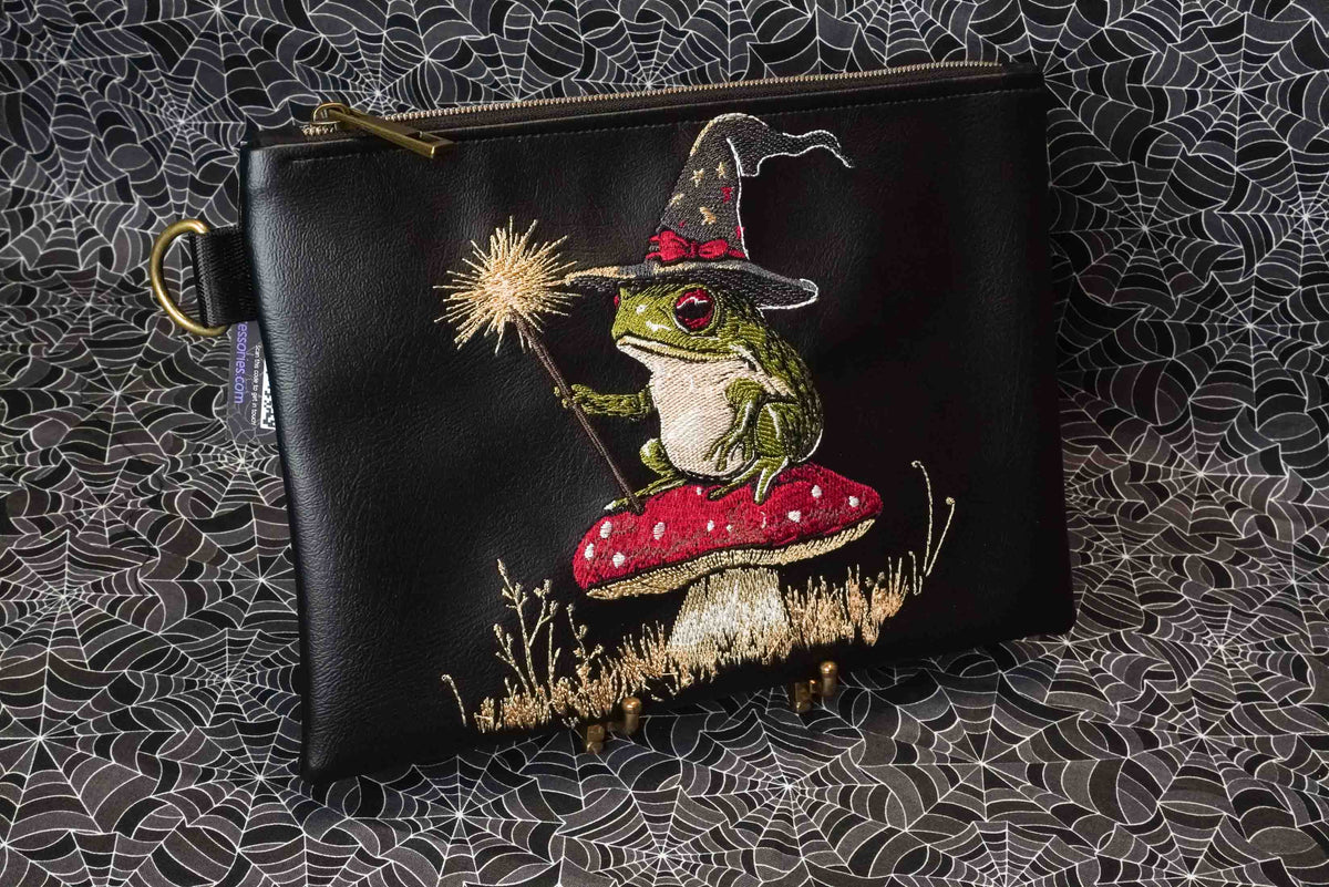 Frog Witch Black Flat Zip Pouch with Brass Hardware