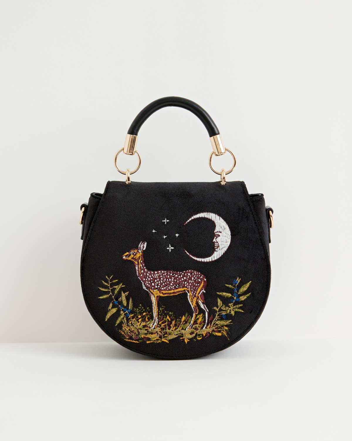 Monedero de terciopelo con bordado de ciervo y luna (negro)