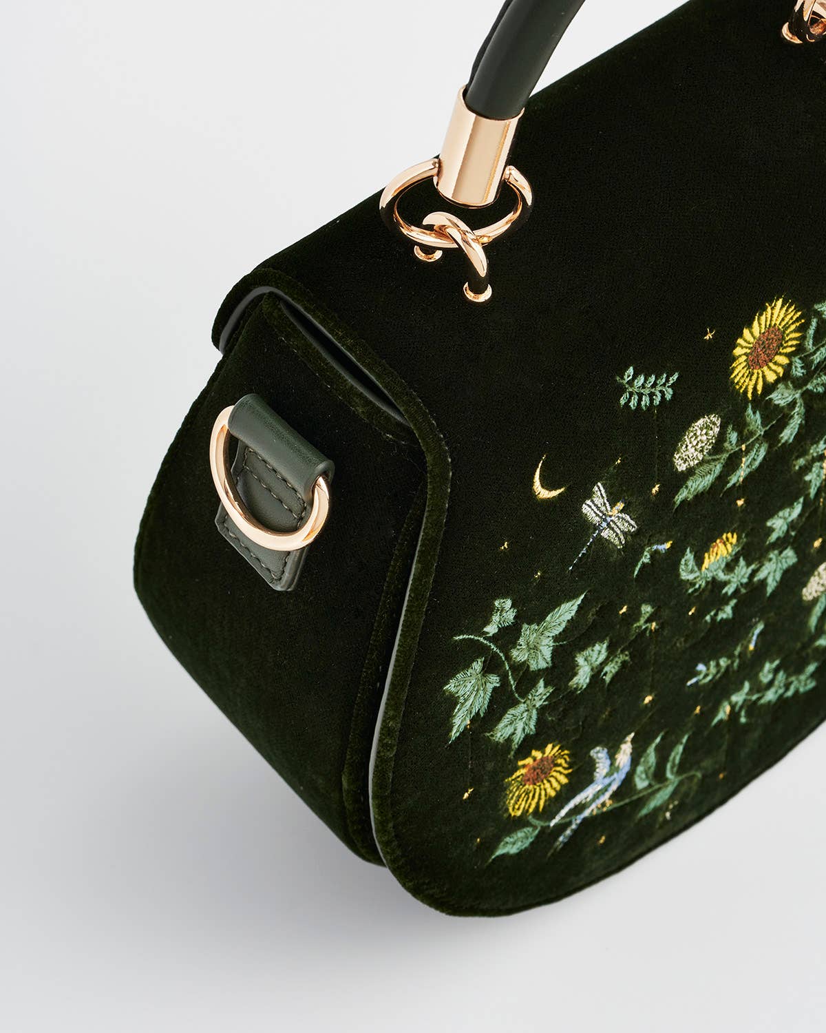 Sunflower Green Velvet Embroidered Top Handle Bag