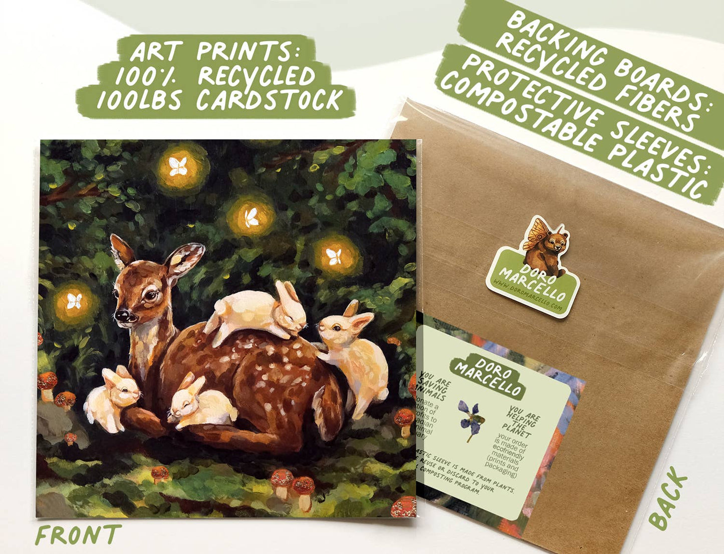 Deer, Rabbits Art Print | 8x8'' | Cute Woodland Animals Art