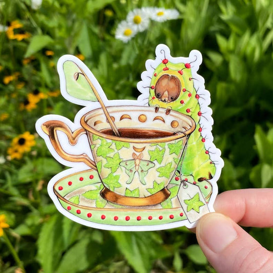 Luna Moth Caterpillar Teacup Weatherproof Vinyl Sticker
