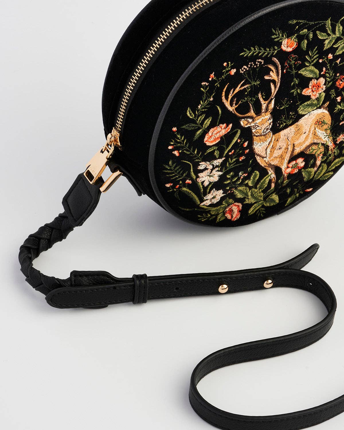 Aurora Fawn Embroidered Black Circle Bag