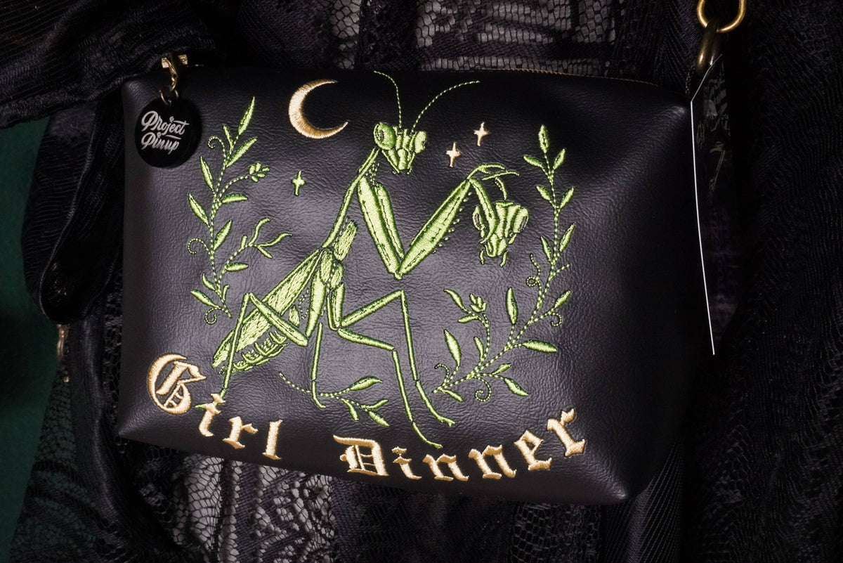 Girl Dinner Praying Mantis Black Small Crossbody Bag - Handmade, Vegan Leather, Embroidery, Brass Hardware