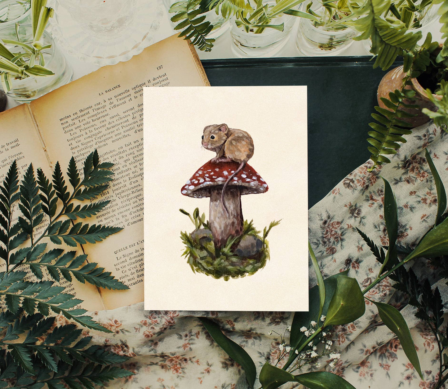 Mouse, Red Mushroom Art Print | 5x7'' | Botanical Wall Art