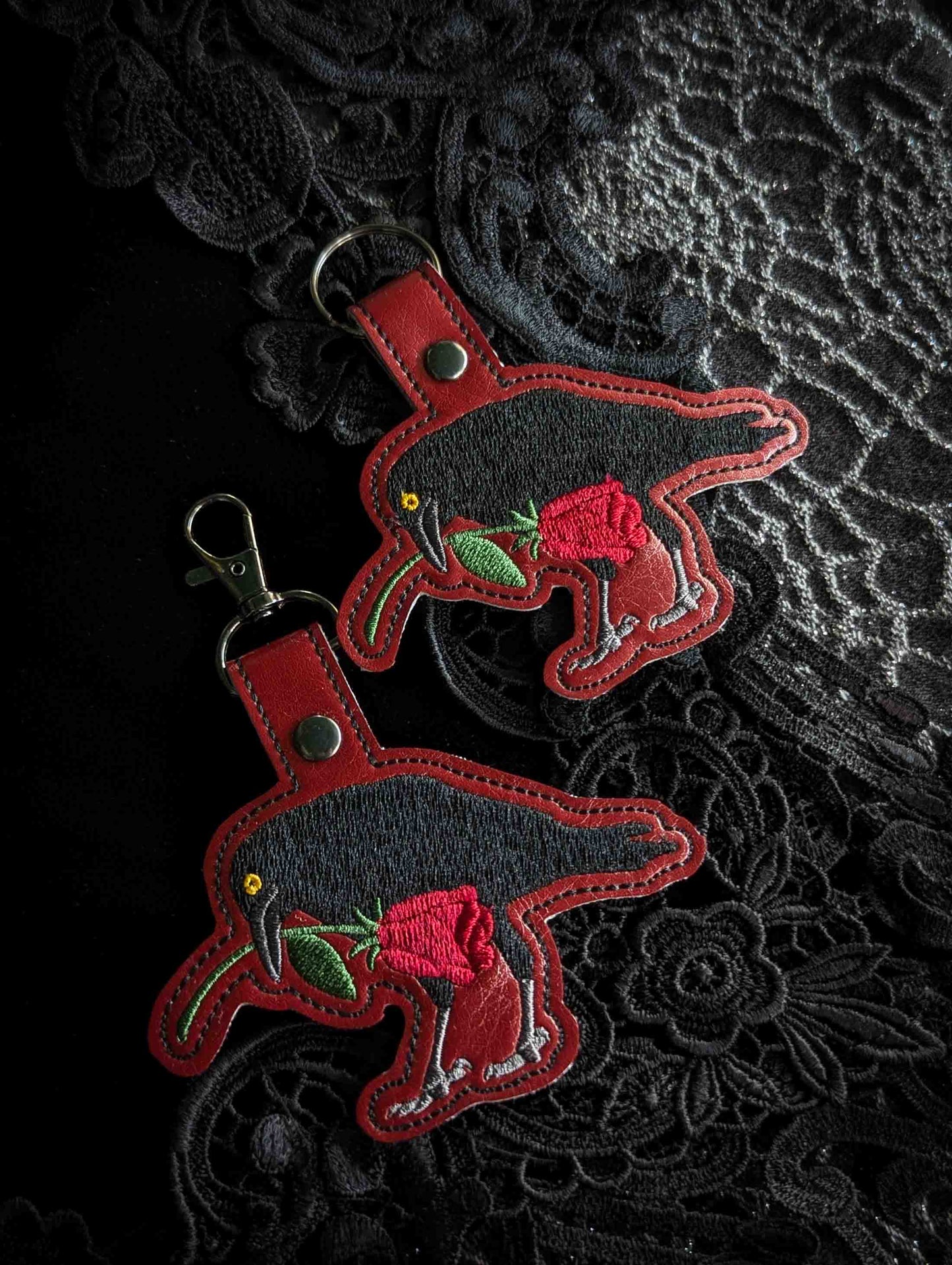 Raven and Rose Embroidered Keychain - Deep Red Faux Leather with Gunmetal Hardware