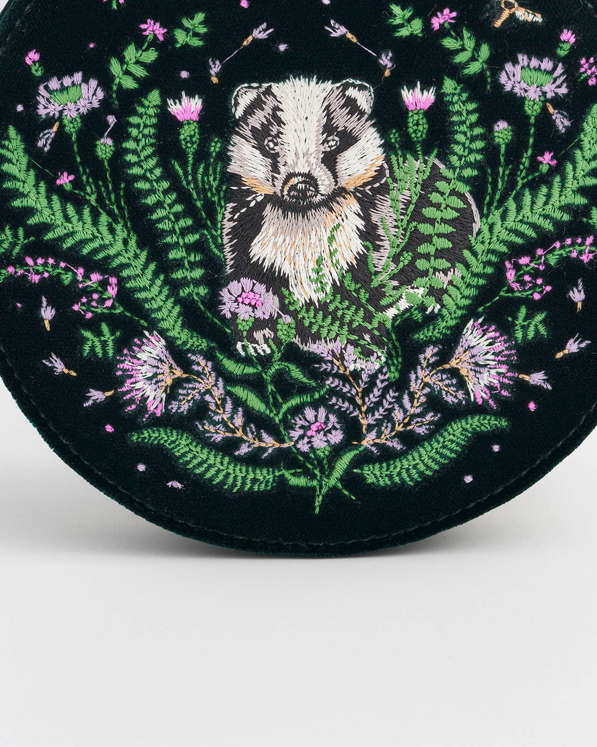 Nocturnal Garden Badger Embroidered Green Circle Jewellery Box