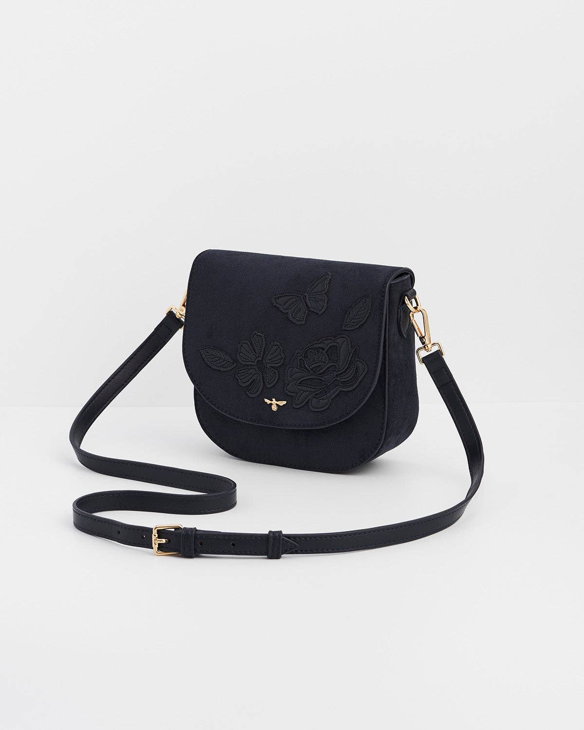 Beth Floral Applique Saddle Bag in Navy Suedette