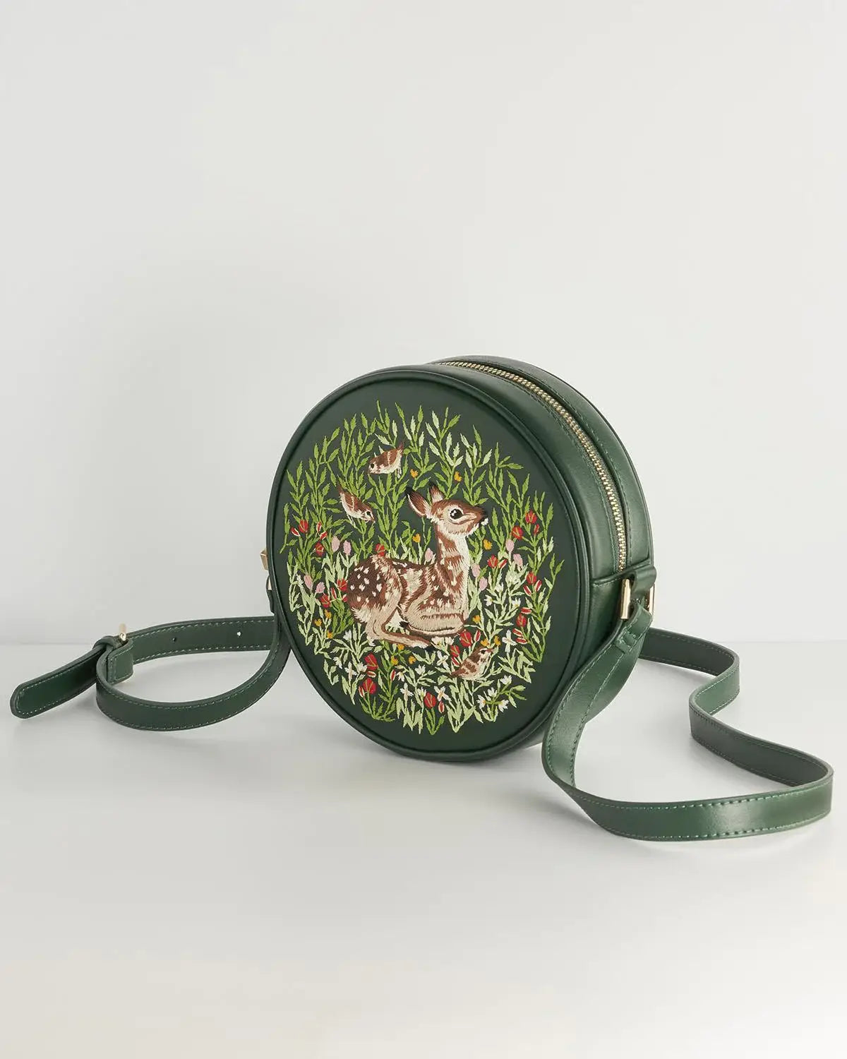 Bolso circular con bordado de cervatillo (verde)