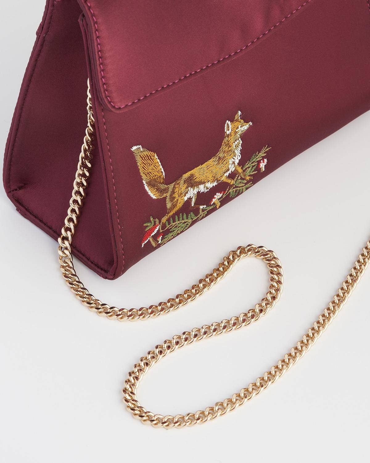 Bolso de satén bordado con zorro y hongo (burdeos)