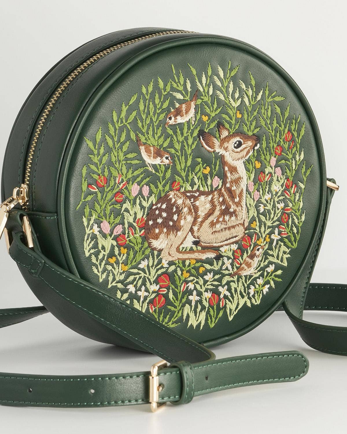 Bolso circular con bordado de cervatillo (verde)