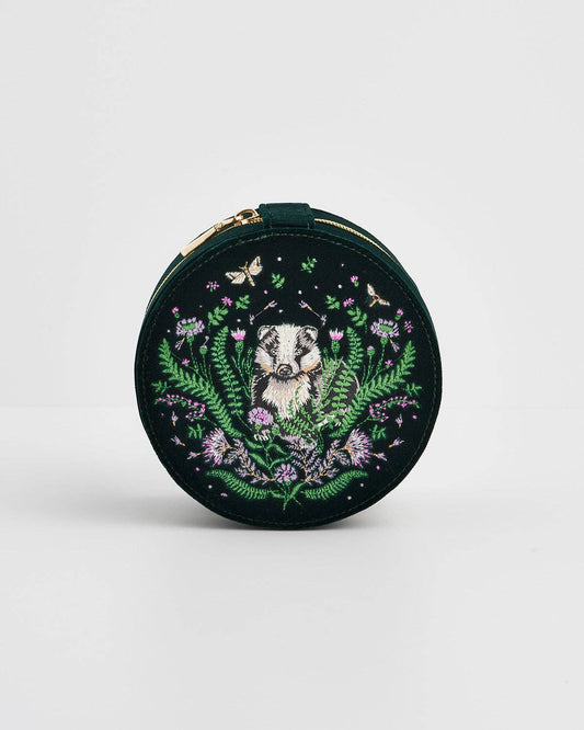 Nocturnal Garden Badger Embroidered Green Circle Jewellery Box