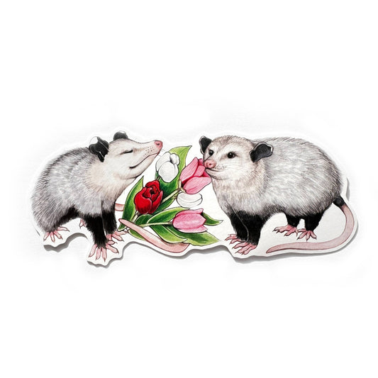 Opossums with Tulip Bouquet Large Weatherproof Vinyl Sticker