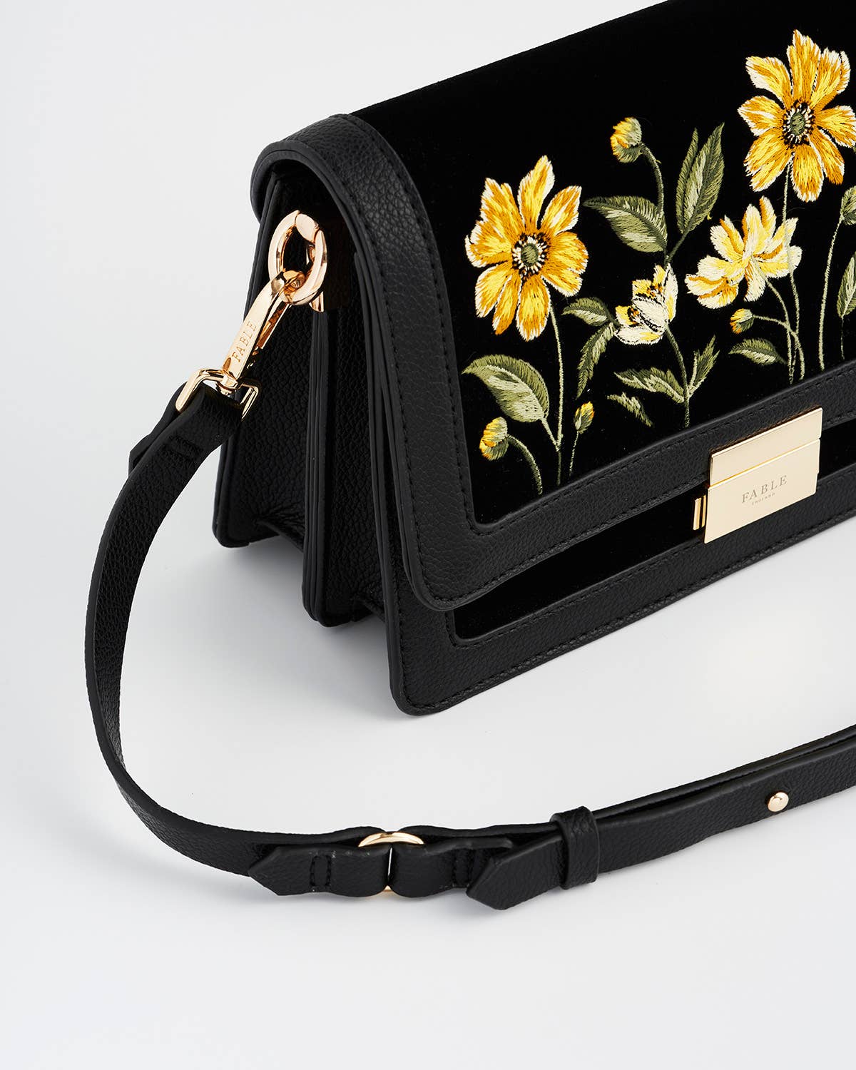 Botanical Black Velvet Embroidered Foldover Bag
