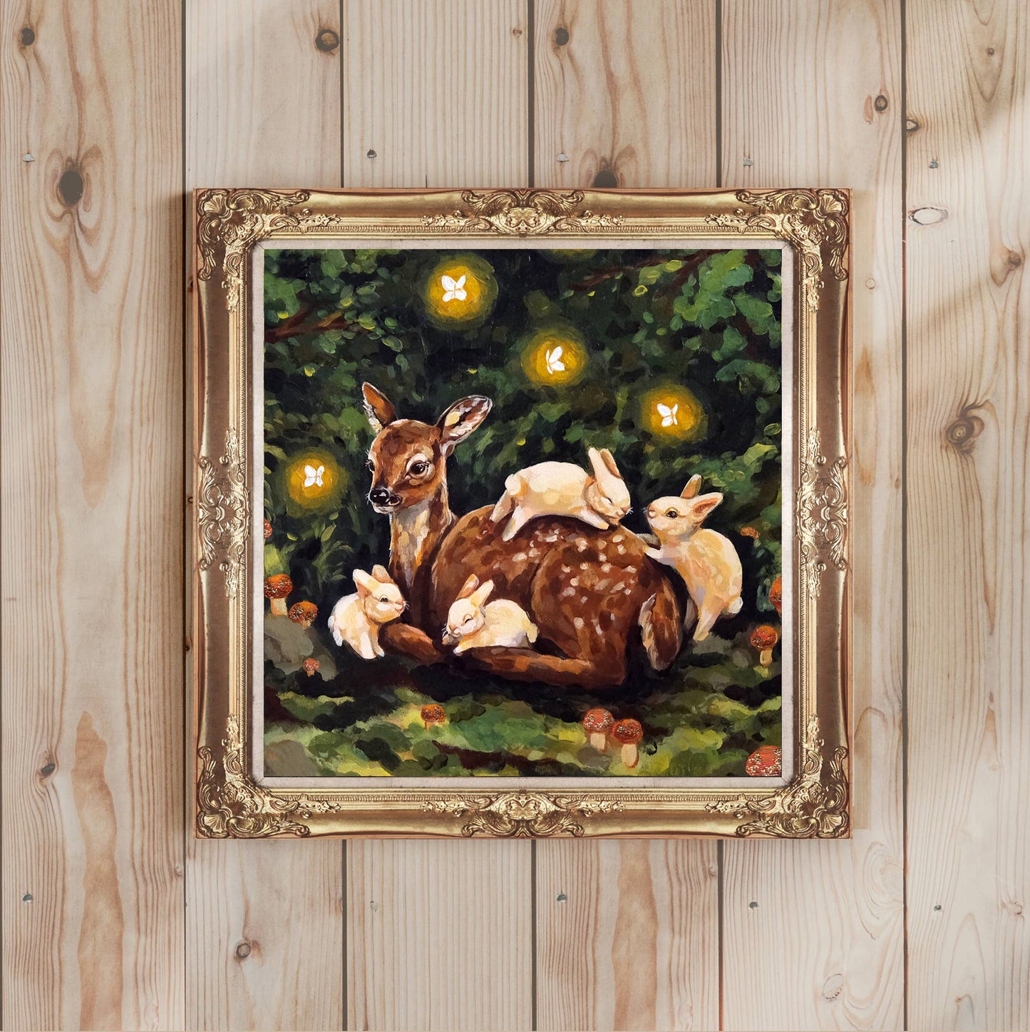 Deer, Rabbits Art Print | 8x8'' | Cute Woodland Animals Art