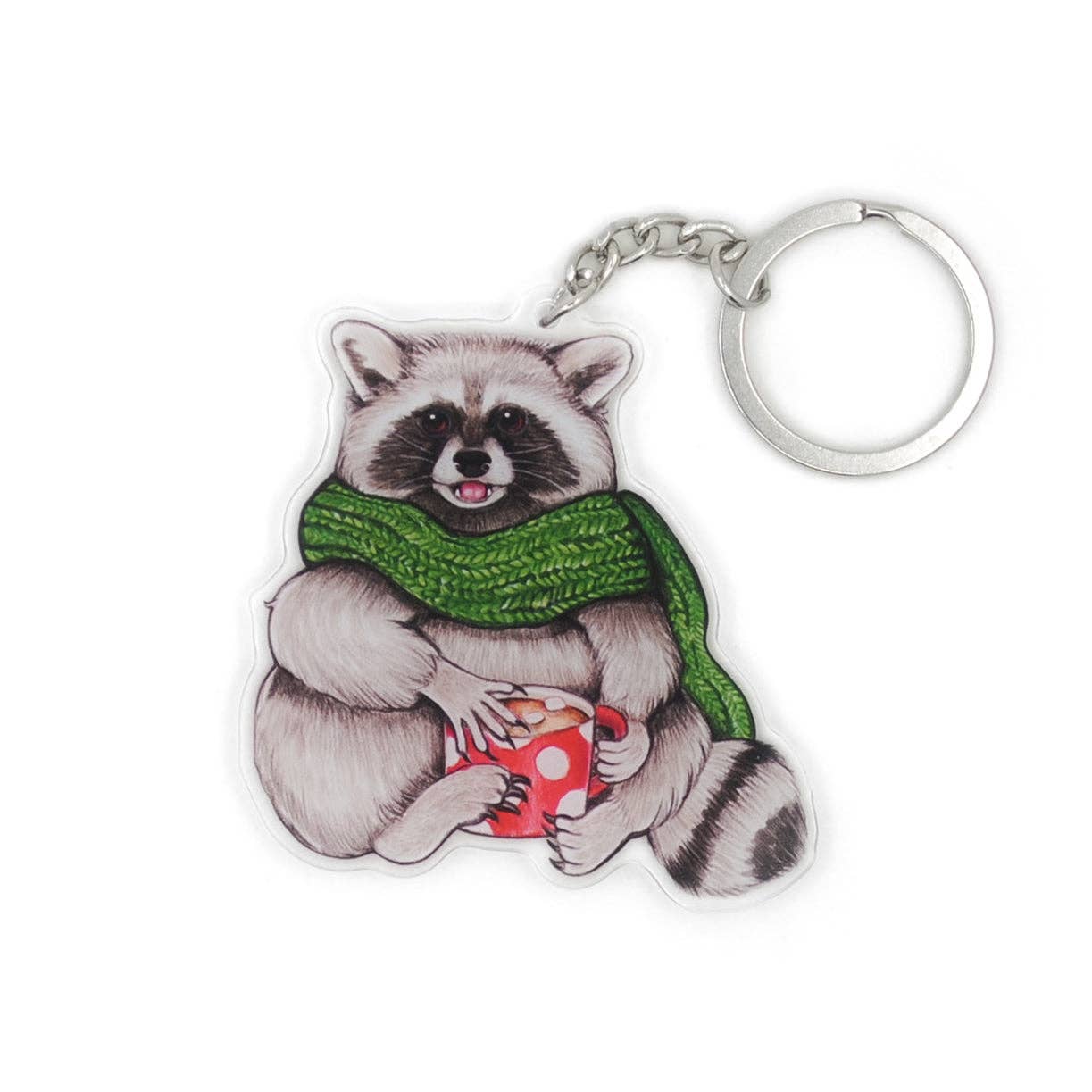 Llavero acrílico de doble cara con diseño de mapache y taza