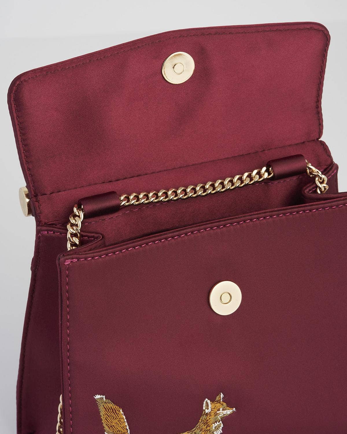 Bolso de satén bordado con zorro y hongo (burdeos)