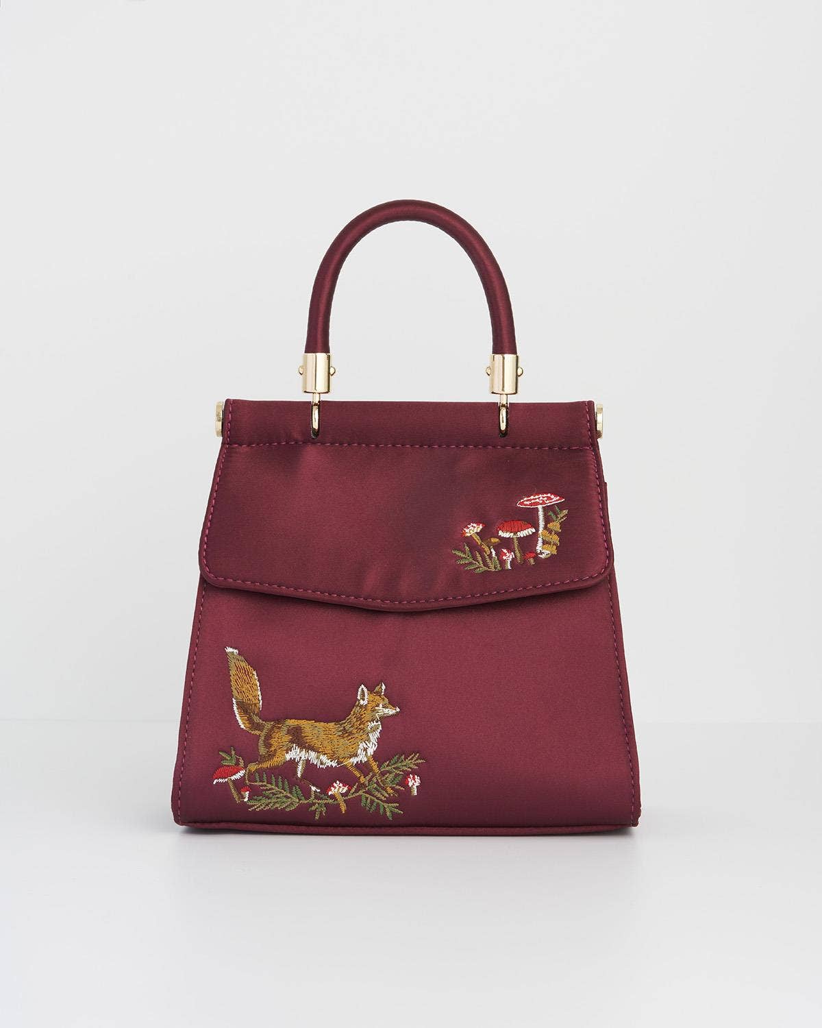 Bolso de satén bordado con zorro y hongo (burdeos)