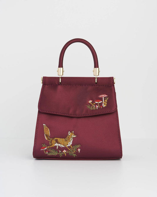 Fox & Mushroom Embroidered Satin Tote (Burgundy)