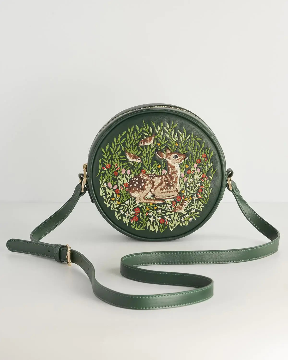 Bolso circular con bordado de cervatillo (verde)
