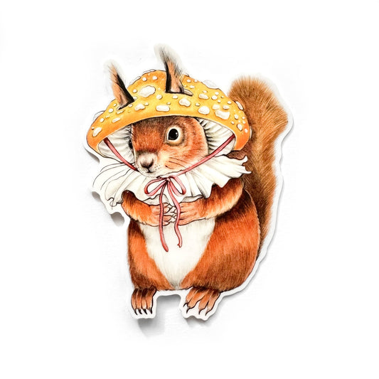 Red Squirrel in Mushroom Hat Weatherproof Vinyl Sticker