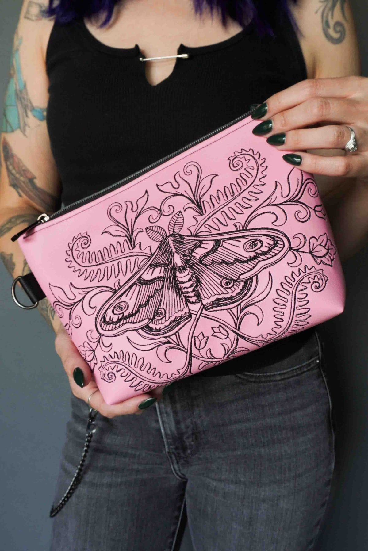 Forest Moth Cosmetic Bag - Handmade, Vegan Leather, Gunmetal Hardware