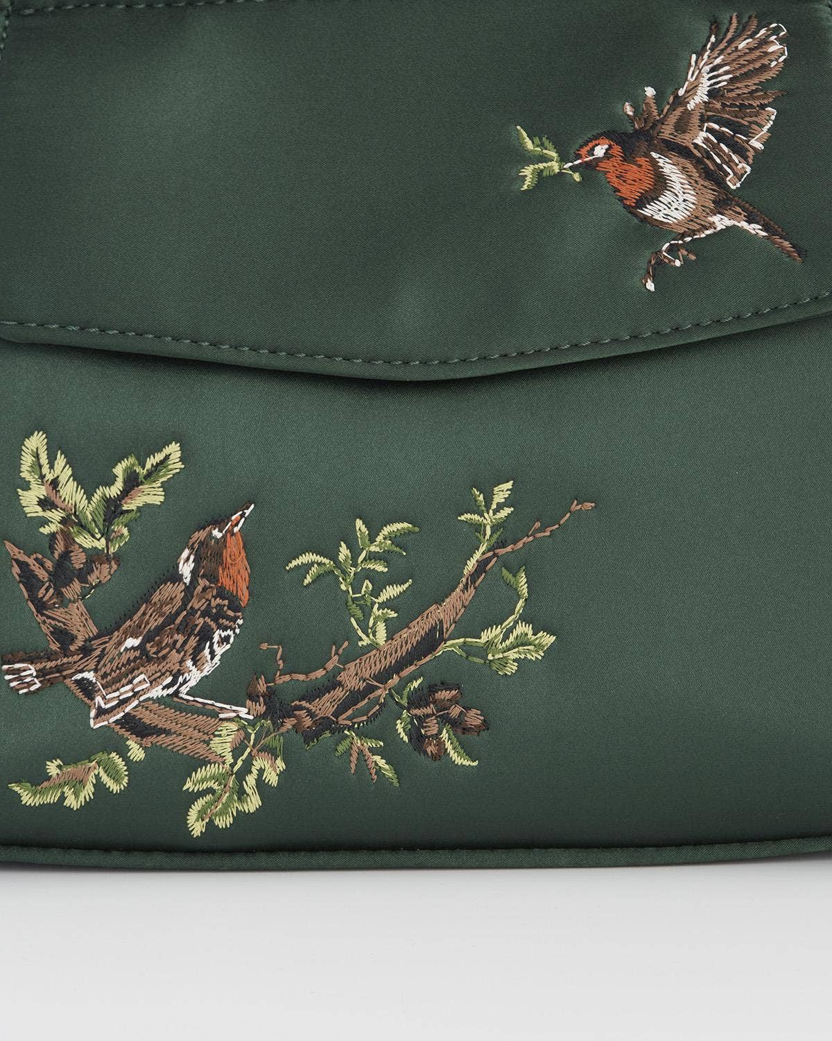 FABLE Robin Love Embroidered Green Satin Tote