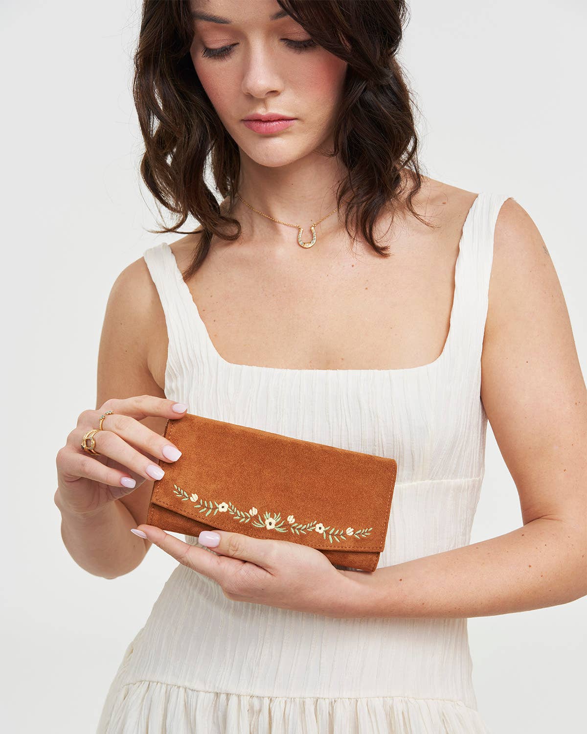 Floral Tan Faux Suede Embroidered Wallets