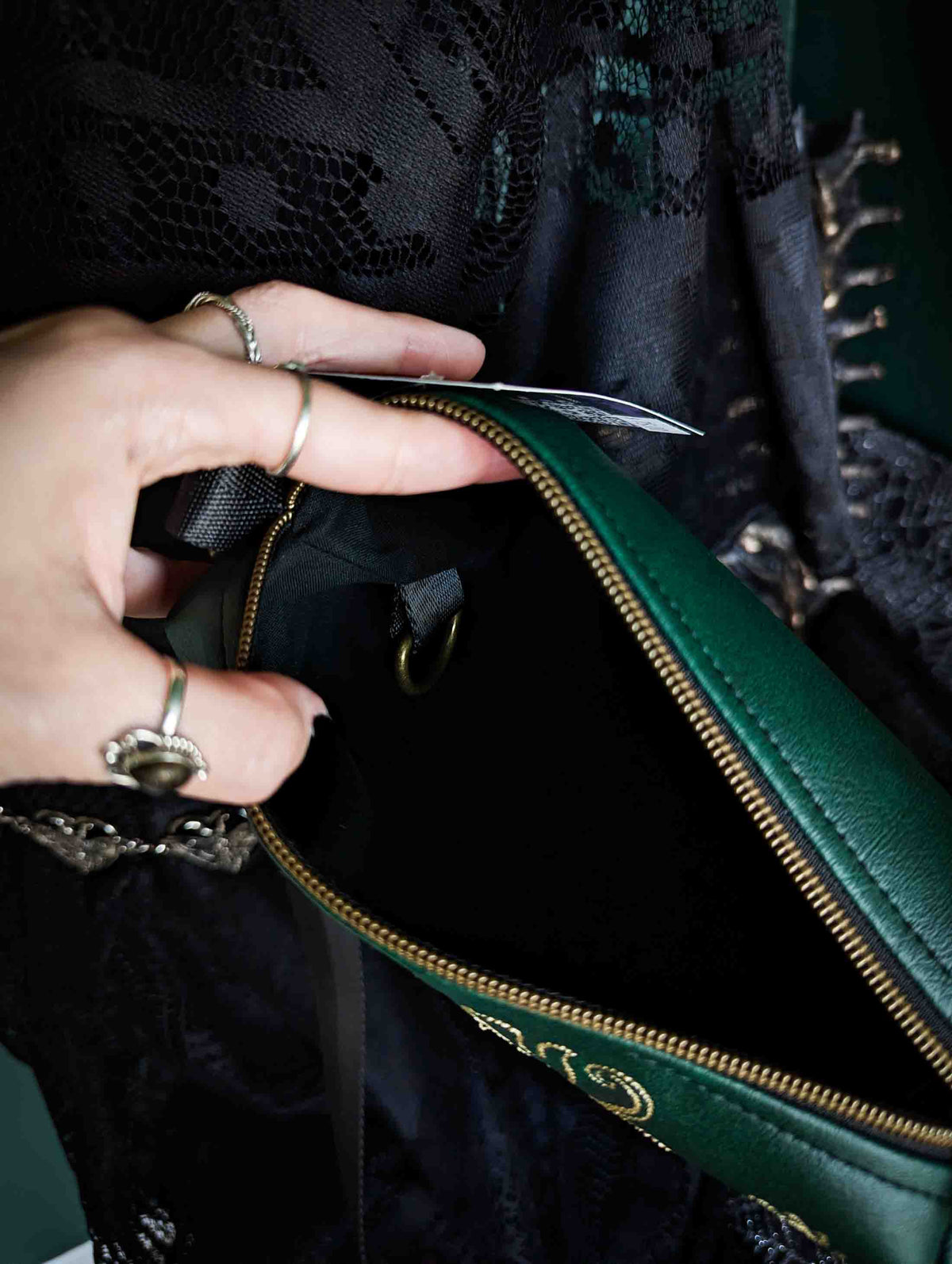 Forest Green and Gold Forest Moth Small Crossbody Bag – Handmade, Vegan Leather, Gold Embroidery, Brass Hardware