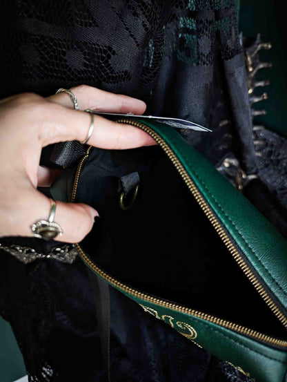 Forest Green and Gold Forest Moth Small Crossbody Bag – Handmade, Vegan Leather, Gold Embroidery, Brass Hardware