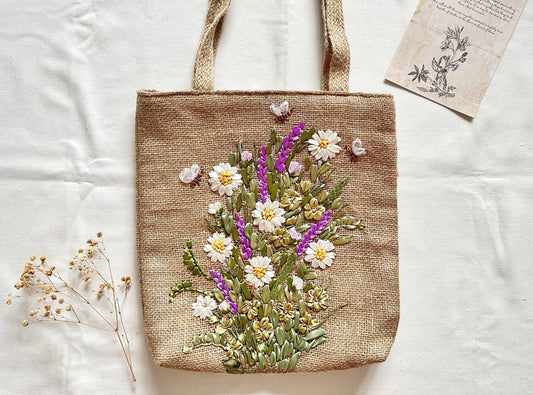 Ribbon Embroidered Flower Garden Jute Tote Bag