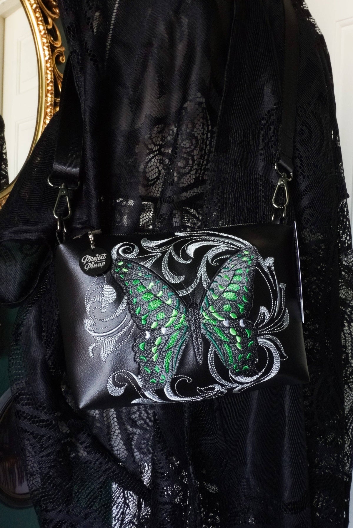 Baroque Tailed Jay Green Spotted Butterfly Small Crossbody Bag – Handmade, Vegan Leather, Colorful Embroidery, Gunmetal Hardware