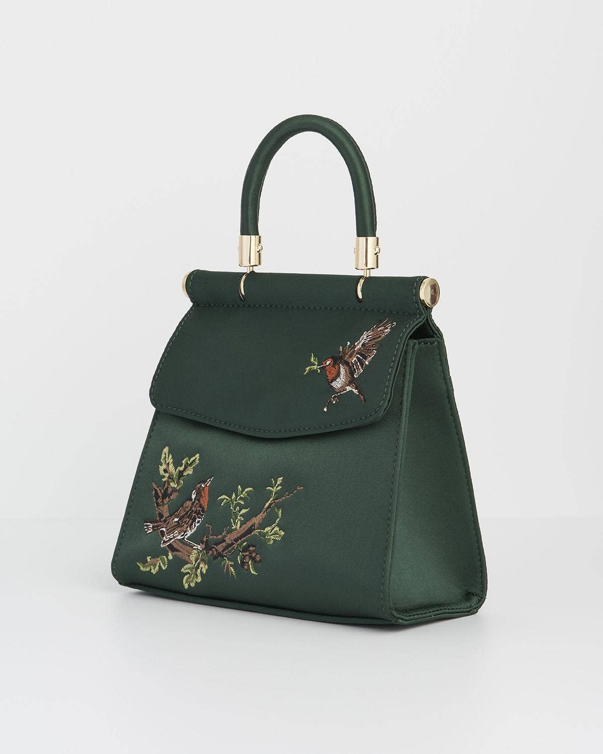 FABLE Robin Love Embroidered Green Satin Tote