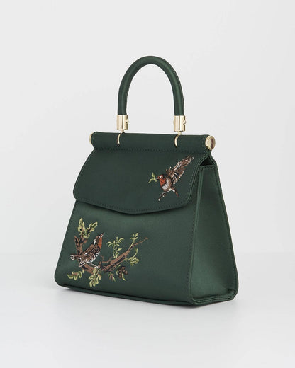 FABLE Robin Love Embroidered Green Satin Tote
