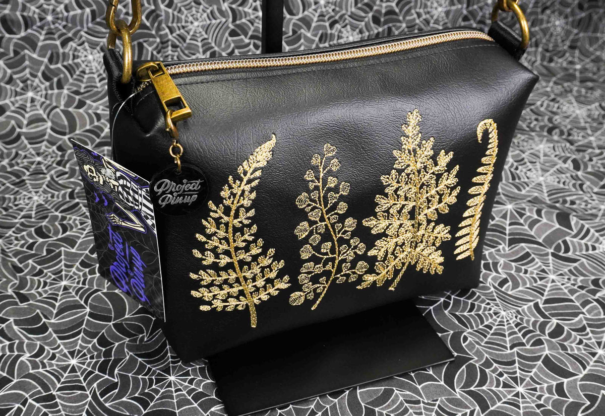Black and Gold Forest Ferns Small Crossbody Bag – Handmade, Vegan Leather, Gold Embroidery, Brass Hardware