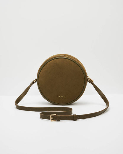 Chloe Hedgehog Embroidered Circle Bag in Khaki Suedette