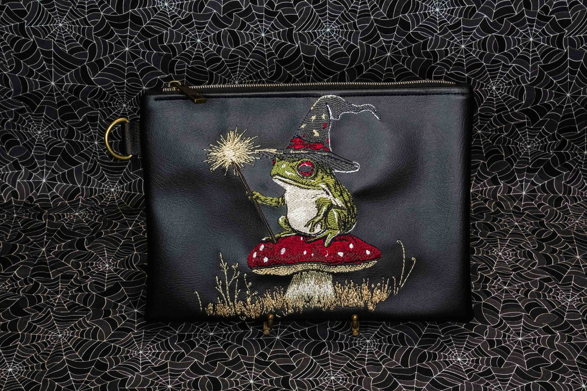 Frog Witch Black Flat Zip Pouch with Brass Hardware